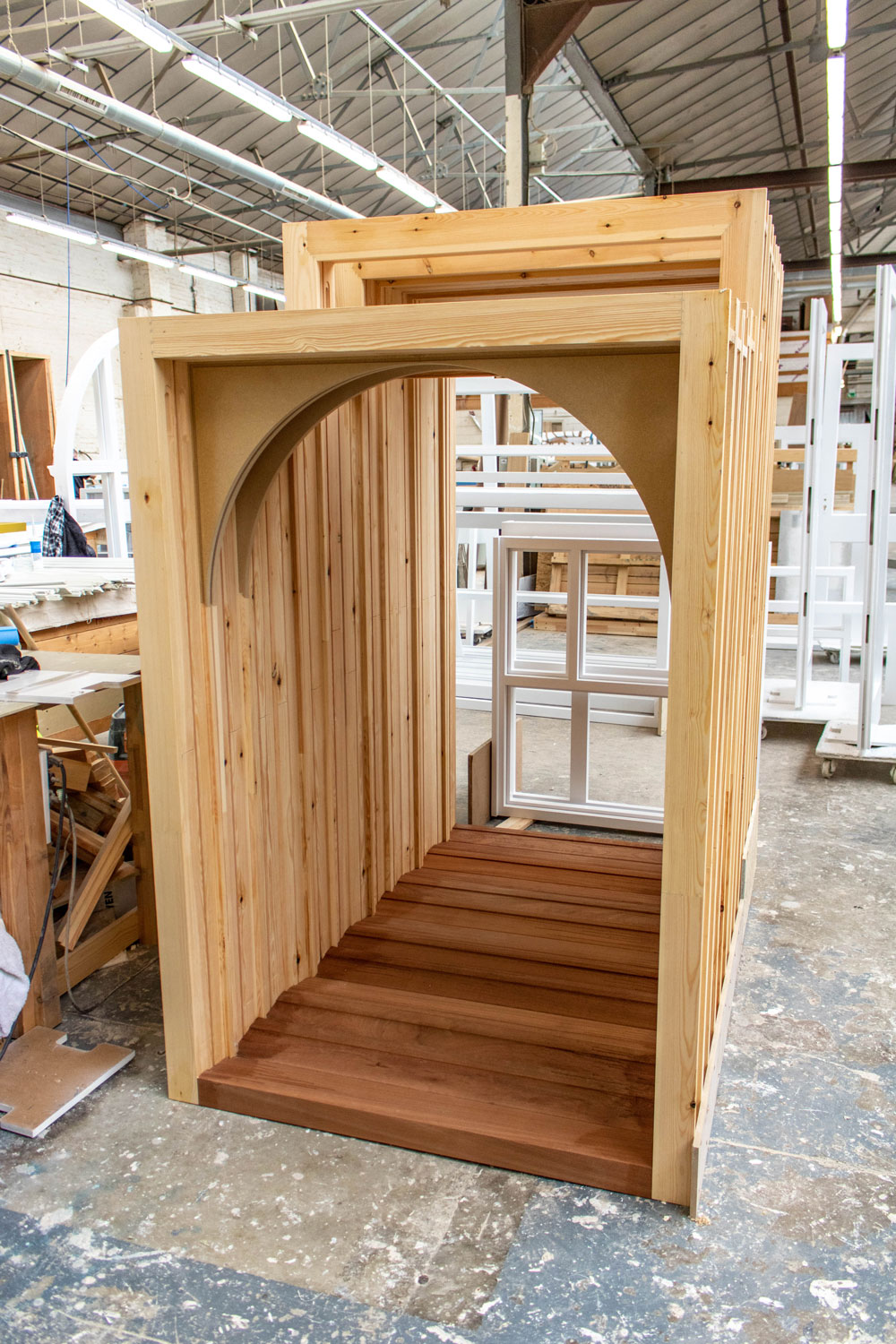 wooden arch window frame construction in k&d joinery workshop